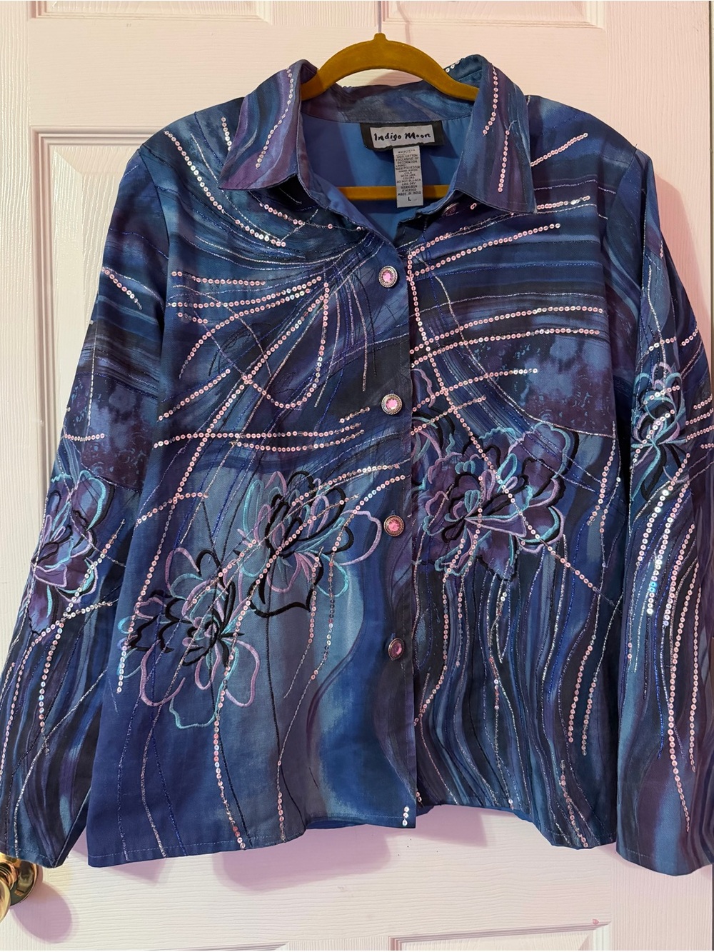 Indigo Moon Navy Embroidered Floral Sequin Embellished Blazer Sz L